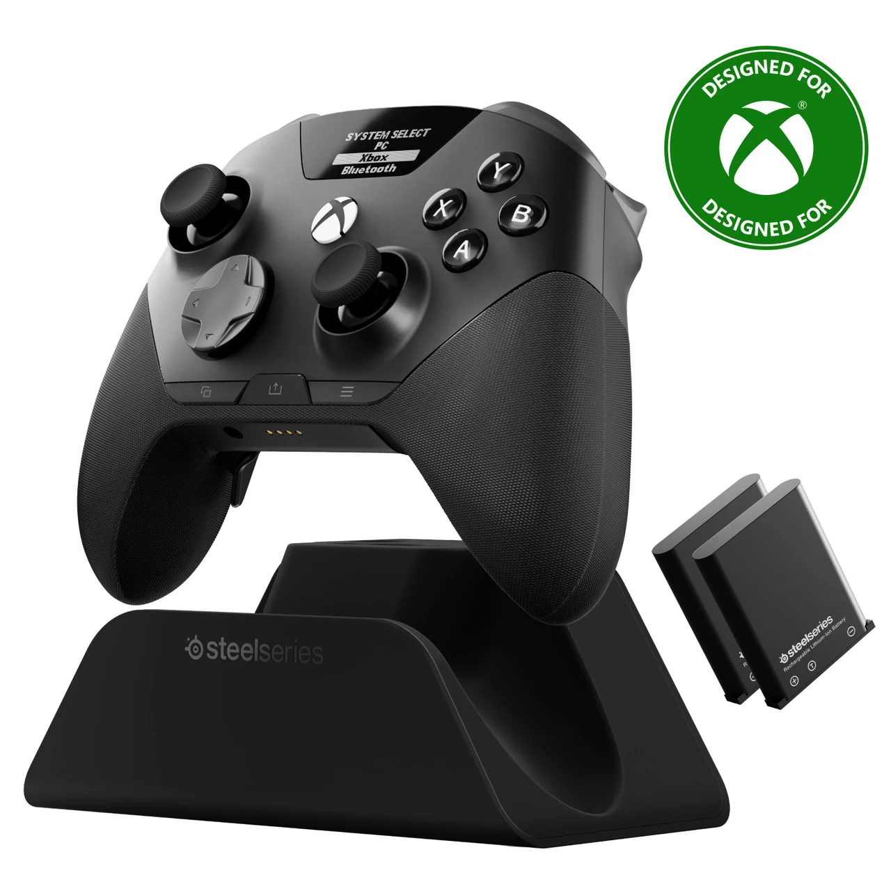 SteelSeries Aeon Pro Czarny kontroler do gier z wyświetlaczem cyfrowym, umieszczony na stojaku ładującym, z widoczną baterią oraz oznaczeniem kompatybilności z Xbox.