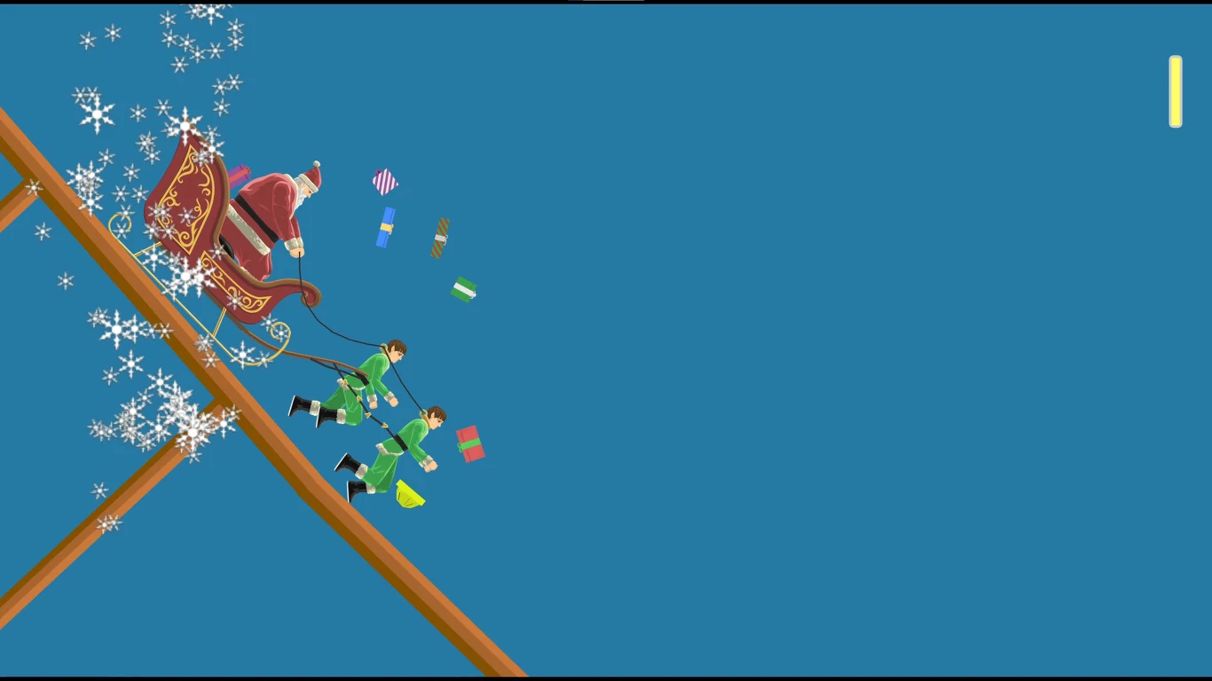 Happy Wheels Happy Wheels. Mikołaj w saniach z workiem prezentów zjeżdża po pochylni, przed nim dwa elfy, jeden upuszcza paczki.