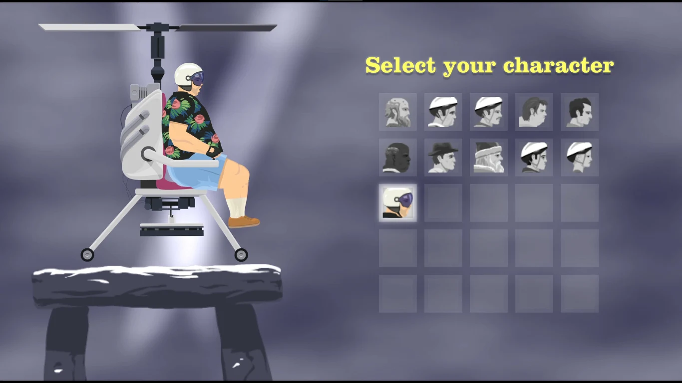 Happy Wheels Mężczyzna w kasku, hawajskiej koszuli i niebieskich szortach siedzi w helikopterze obok ekranu wyboru postaci z siatką dostępnych awatarów i żółtym napisem Select your character.