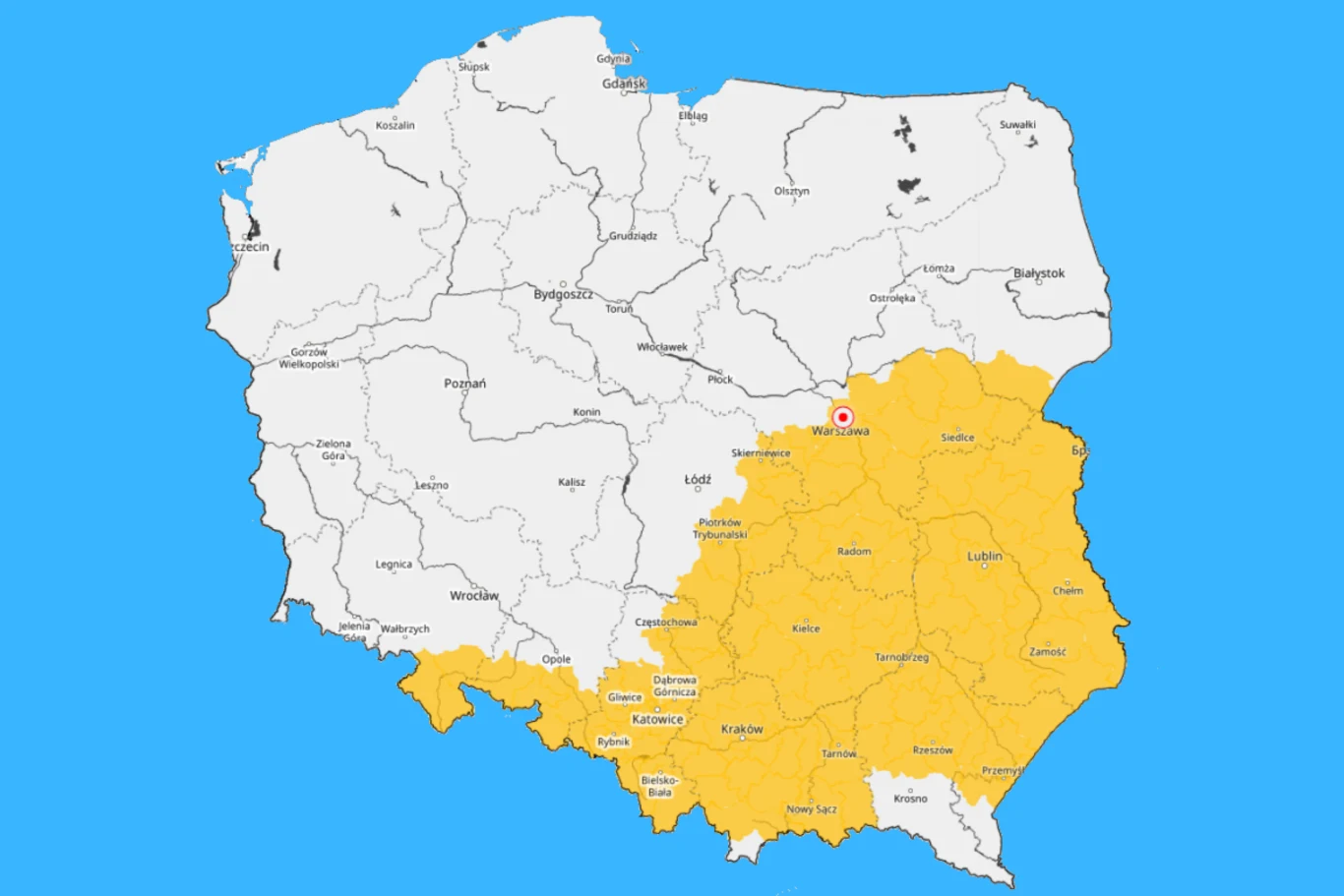 Mapa Polski z wyróżnioną na żółto południowo-wschodnią częścią kraju, obejmującą województwa takie jak małopolskie, podkarpackie, świętokrzyskie, lubelskie i częściowo śląskie oraz opolskie, z zaznaczonym na czerwono punktem w rejonie Warszawy.