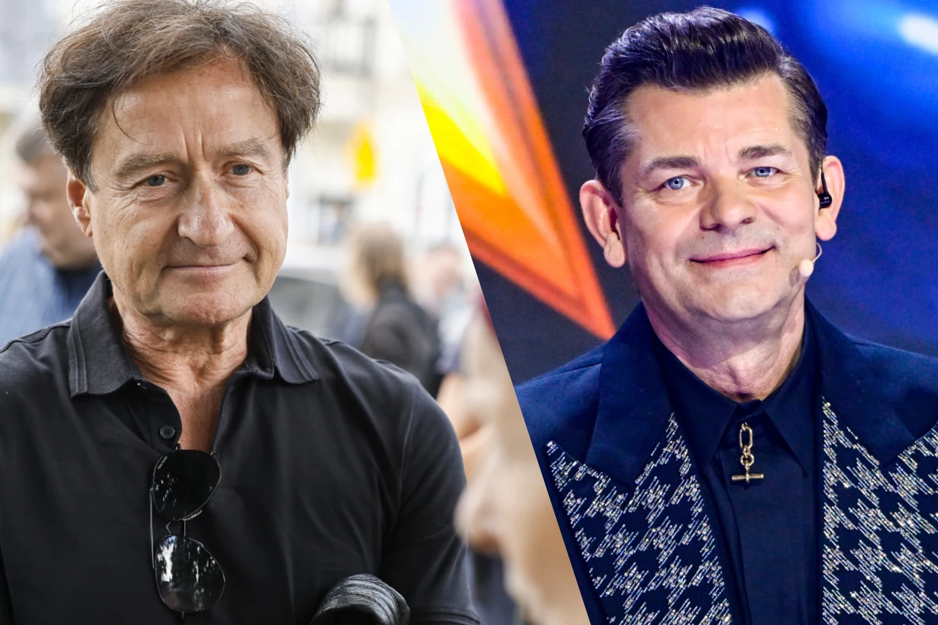 Konflikt Jacka Kawalca i Zenka Martyniuka trwa Jacek Kawalec na zewnątrz w codziennym stroju oraz Zenek Martyniuk w eleganckim ubraniu w studiu telewizyjnym.