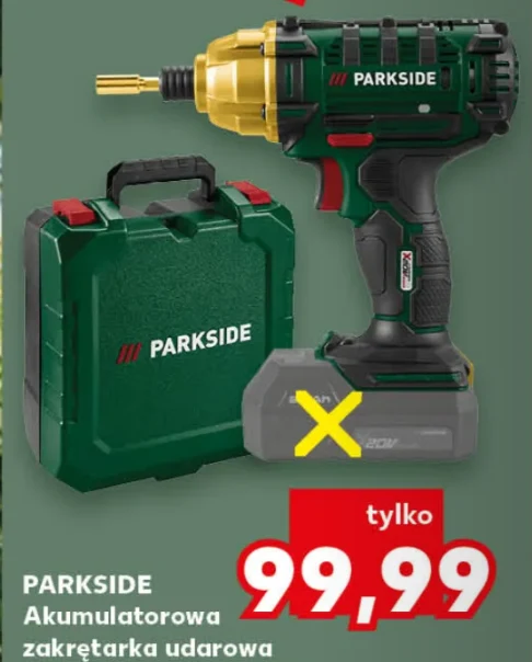 Zielono-czarna akumulatorowa zakrętarka udarowa marki Parkside z żółtym elementem przy głowicy, obok zielona walizka transportowa z logo producenta oraz wyraźnie zaznaczona cena promocyjna 99,99 zł na czerwonym tle.
