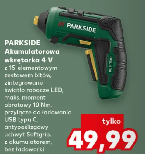 Akumulatorowa wkrętarka PARKSIDE 4V z ergonomicznym uchwytem Softgrip, zielono-czarną obudową, zestawem bitów oraz dużą, wyraźną ceną promocyjną 49,99 zł na czerwonym tle.