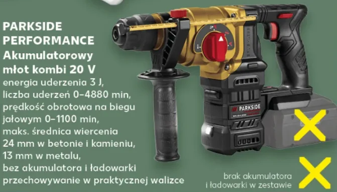Akumulatorowy młot udarowy Parkside Performance 20 V z czarno-czerwono-złotą obudową, bocznym uchwytem i informacją o braku akumulatora oraz ładowarki w zestawie.