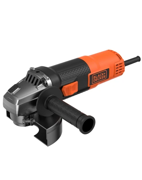 Szlifierka kątowa Black+Decker z pomarańczowo-czarną obudową, ergonomicznym uchwytem bocznym i przewodem zasilającym.