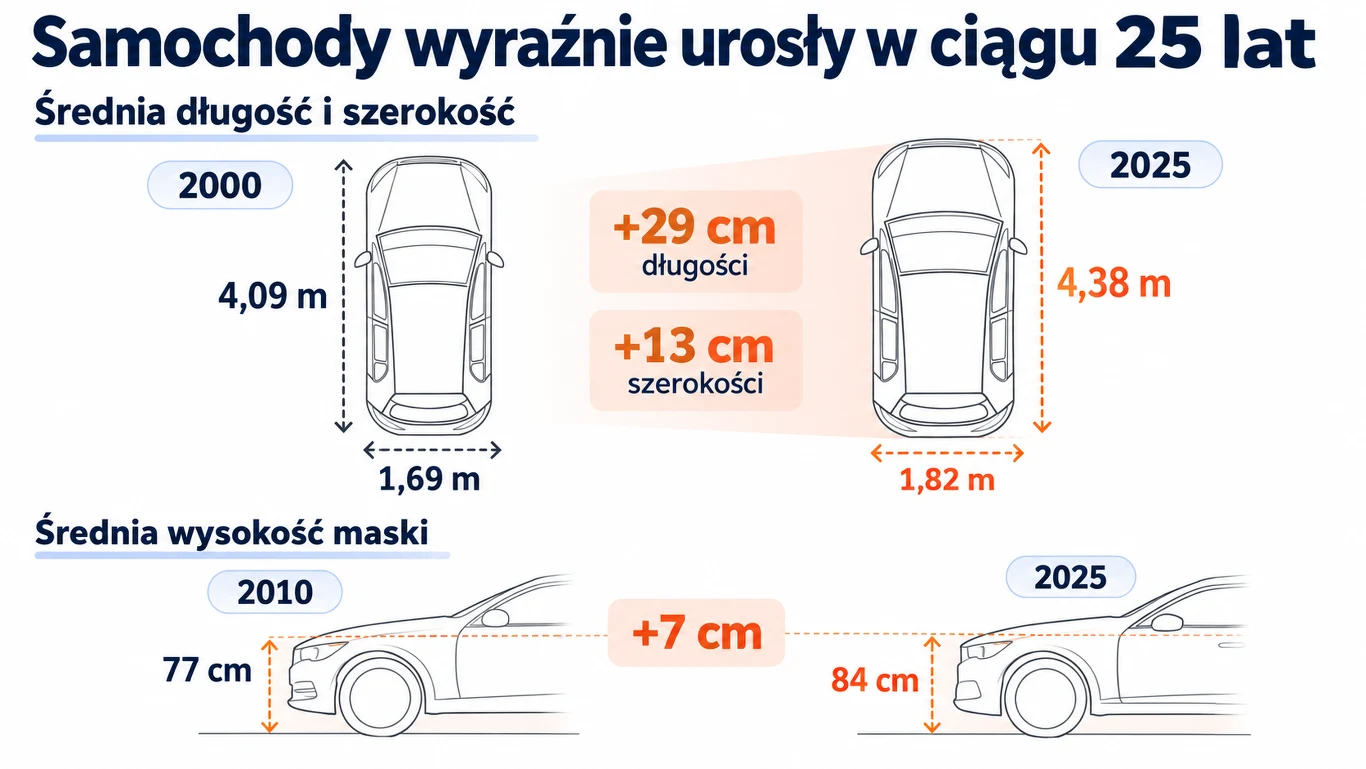 Średnie wymiary nowych samochodów sprzedawanych w UE, Wielkiej Brytanii i Norwegii. Wysokość maski porównano od 2010 roku. /dane: Transport & Environment na podstawie Inovev, Euro NCAP, EEA i Dataforce Porównanie średnich wymiarów samochodów osobowych na przestrzeni lat: wzrost długości o 29 cm i szerokości o 13 cm od roku 2000 do 2025 oraz podniesienie wysokości maski o 7 cm między 2010 a 2025 rokiem.