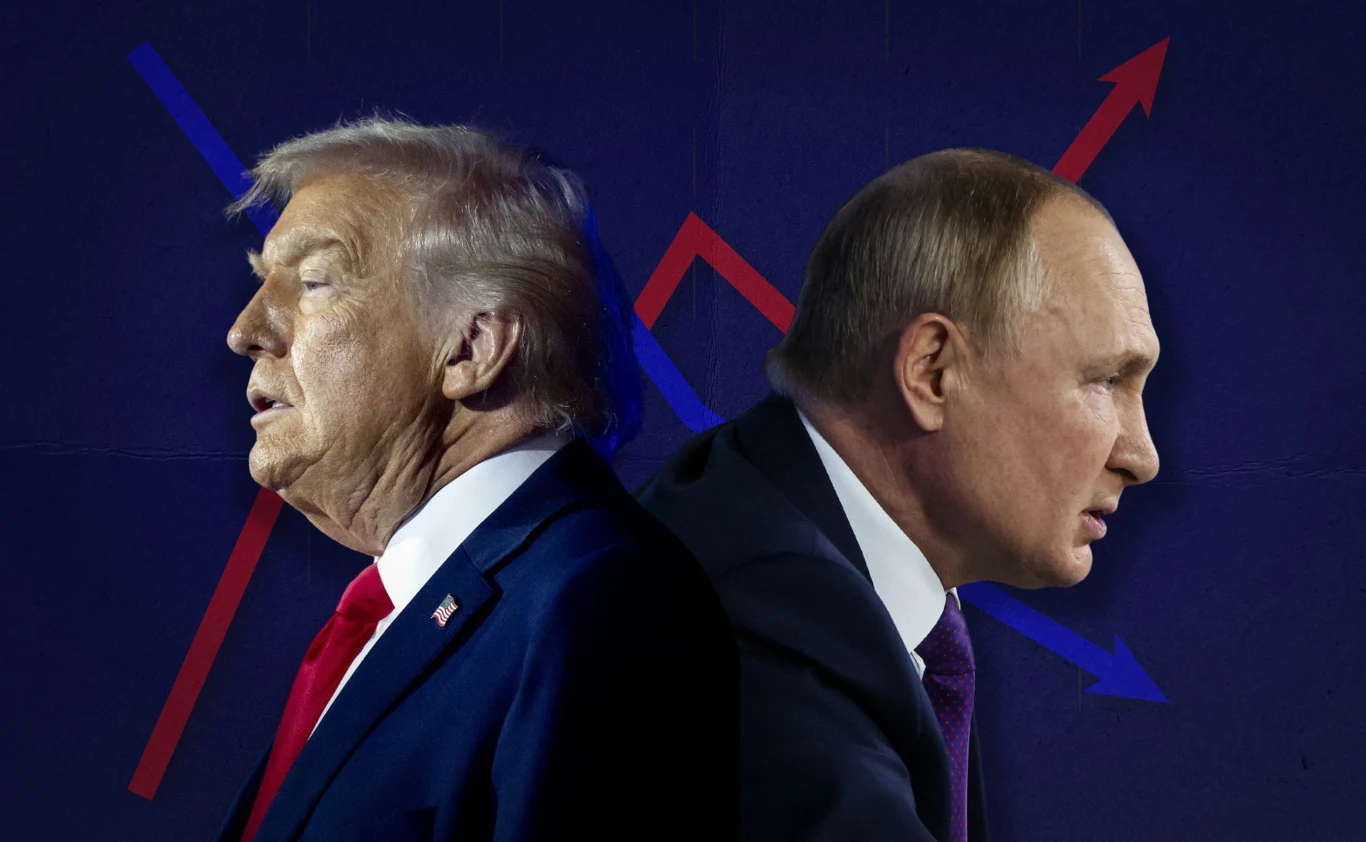 Relacje Donalda Trumpa i Władimira Putina. Polityka zależności | Grafika: Magdalena Piasecka Donald Trump i Władimir Putin w garniturach na ciemnym tle, między nimi skierowane przeciwnie strzałki.