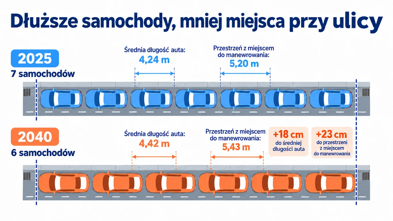 Według scenariusza T&E wzrost średniej długości samochodów w całym parku może sprawić, że na tym samym odcinku ulicy zmieści się mniej aut. /dane: Transport & Environment, VIZ Berlin i Inovev Porównanie liczby i długości samochodów zaparkowanych przy ulicy w dwóch różnych latach; dla 2025 pokazano 7 niebieskich samochodów, a dla 2040 — 6 pomarańczowych samochodów, z zaznaczeniem wzrostu średniej długości auta oraz wymaganej przestrzeni do m...