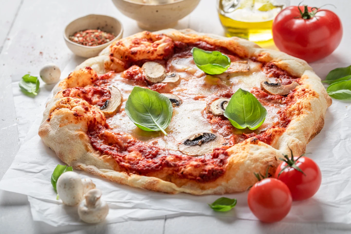 Pyszna domowa pizza na cieście z suchymi drożdżami. Pizza na cienkim cieście z suchymi drożdżami, sosem pomidorowym, pieczarkami, bazylią i serem