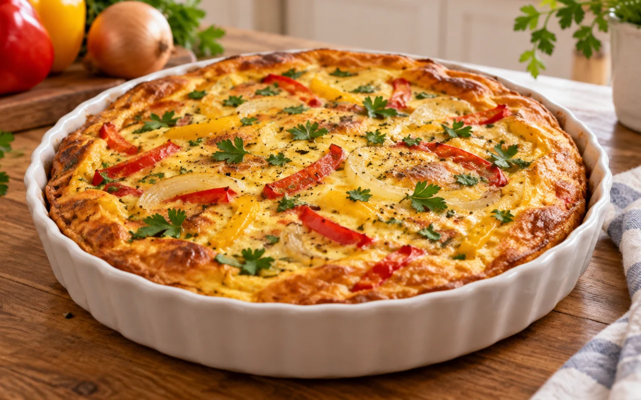 Frittata z papryką to szybki przepis na kolację lub obiad idealny na wrzesień Quiche z kolorową papryką, cebulą i świeżą natką pietruszki, zapieczony na puszystym cieście w okrągłej ceramicznej formie.