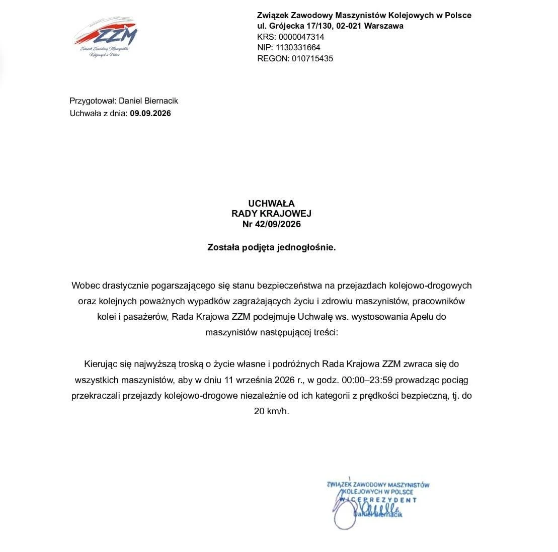 Oficjalny dokument Związku Zawodowego Maszynistów Kolejowych w Polsce dotyczący uchwały w sprawie bezpieczeństwa na przejazdach kolejowo-drogowych, zawierający apel o ograniczenie prędkości pociągów do 20 km/h na przejazdach niestrzeżonych oraz podpis ...