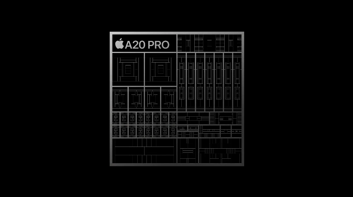 Schematyczna ilustracja układu scalonego Apple A20 Pro z widocznym logo marki i nazwą modelu, prezentująca złożoną strukturę procesora w formie bloków i linii na czarnym tle.