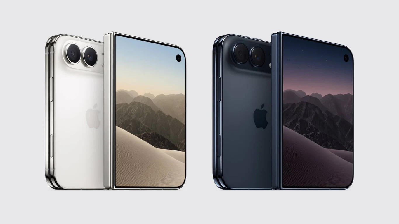 Dwa nowoczesne, składane smartfony Apple w kolorze srebrnym i czarnym z charakterystycznym logo oraz podwójnym aparatem na obudowie, oba z wyświetlaczami ukazującymi krajobraz górski.