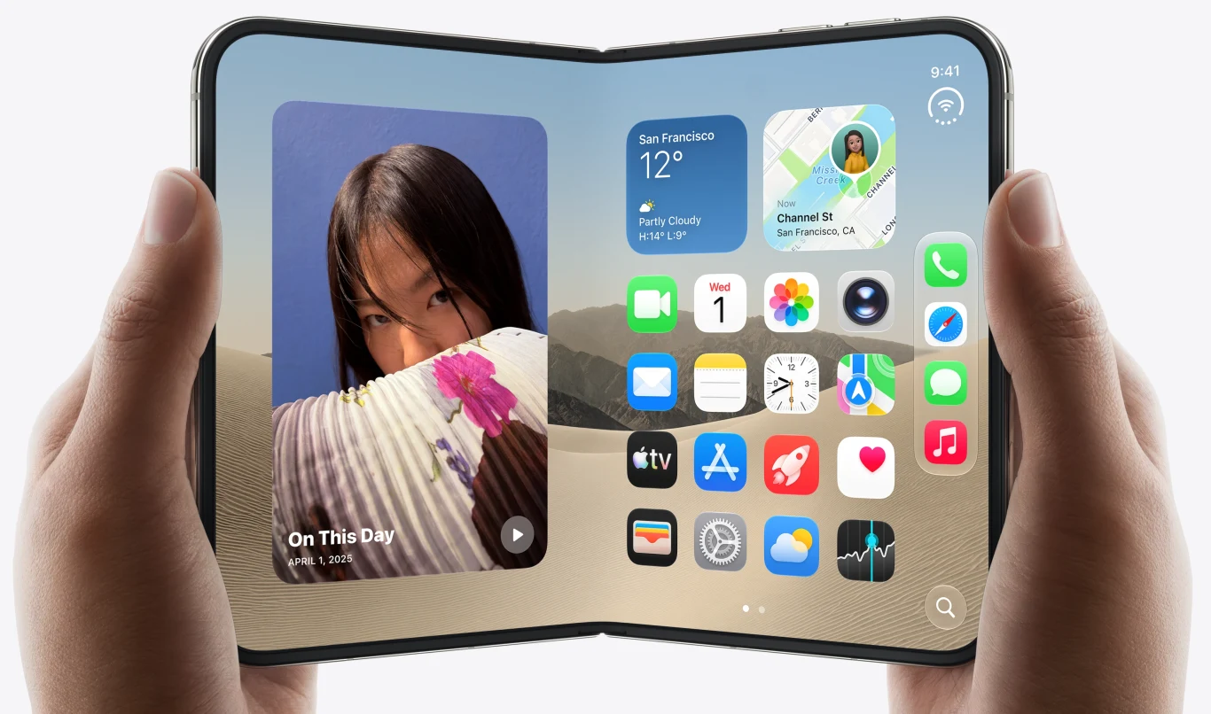 iPhone Duo. Czego Apple nie powiedziało o smartfonie na konferencji? Składany smartfon iPhone Duo z rozłożonym ekranem, prezentujący interfejs i zdjęcie portretowe na wyświetlaczu.