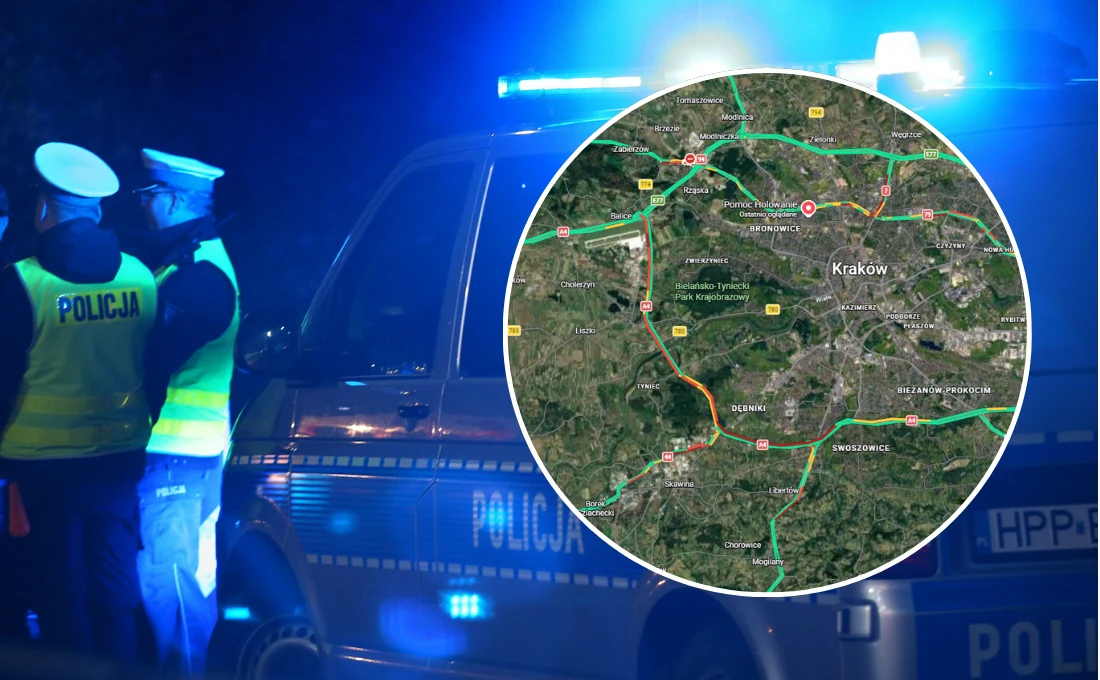 Kraków: Karambol na A4, zderzyło się pięć pojazdów Policjanci w kamizelkach przy radiowozie z sygnałami na A4 pod Krakowem, obok mapa sytuacji drogowej.