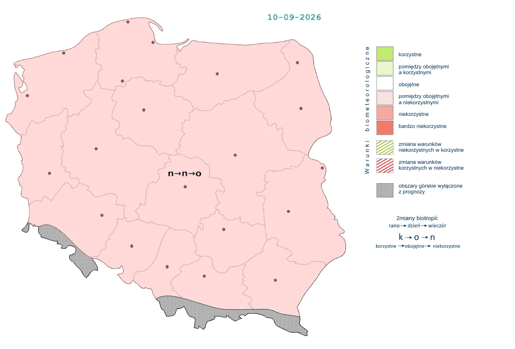 Nigdzie nie będą panować korzystne warunki - w najlepszym przypadku będą one obojętne, i to pod koniec dnia Mapa Polski z przewagą różowego koloru oznaczającego obszary bardzo niekorzystne pod względem warunków biometeorologicznych, uzupełniona legendą wyjaśniającą symbole i kolory oraz datą 10-09-2026 w górnej części grafiki.