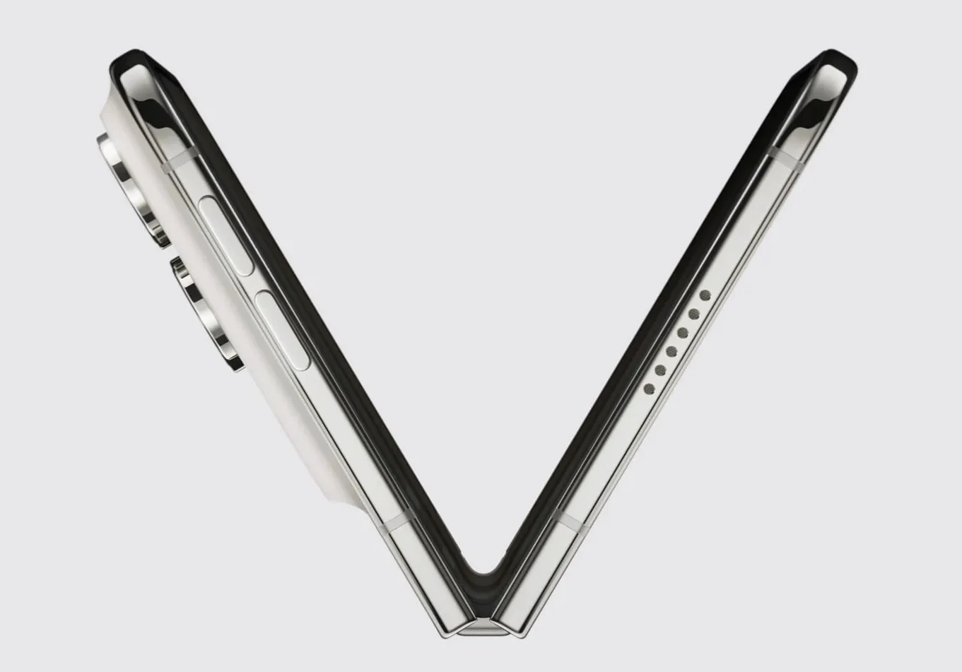 iPhone Duo po rozłożeniu ma zaledwie 5,2 mm grubości. Nowoczesny składany smartfon z widocznym zawiasem, metalową ramką i potrójnym aparatem fotograficznym.