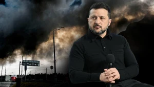 Prezydent Ukrainy Wołodymyr Zełenski na tle pożaru rafinerii ropy w Moskwie. Zdj. ilustracyjne