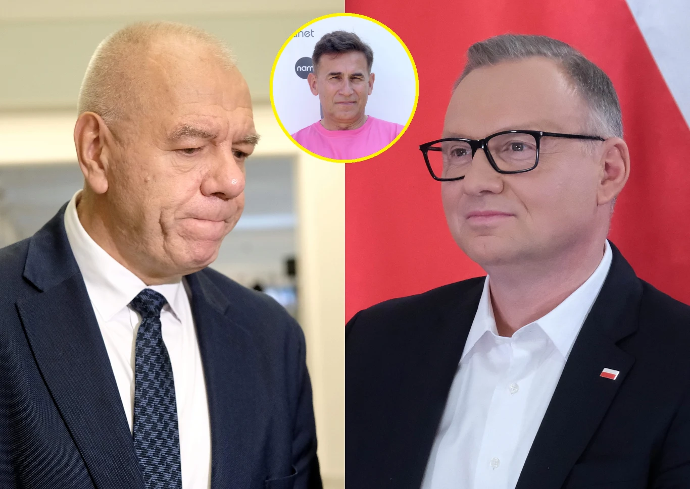 Nie widać końca zamieszania ws. Radosława Piesiewicza Dwóch mężczyzn w garniturach, jeden na tle biało-czerwonej flagi, nad nimi portret mężczyzny w różowej koszulce.
