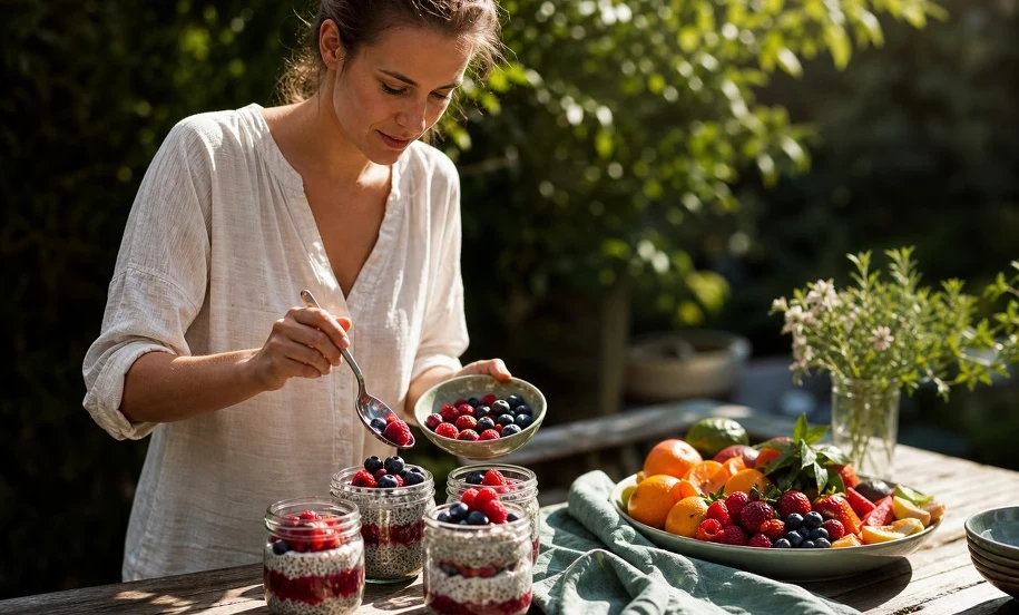 Pudding chia z owocami — śniadanie w ogrodzie Kobieta nakłada maliny i borówki na puddingi chia w szklanych słoiczkach w ogrodzie