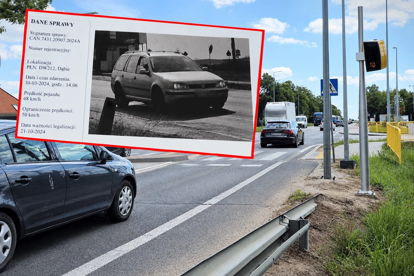 Po powrocie z wakacji wielu kierowcom łatwo uwierzyć w otrzymanie mandatu Samochód zarejestrowany przez fotoradar na ruchliwej ulicy, po prawej widoczny fotoradar i pojazdy.