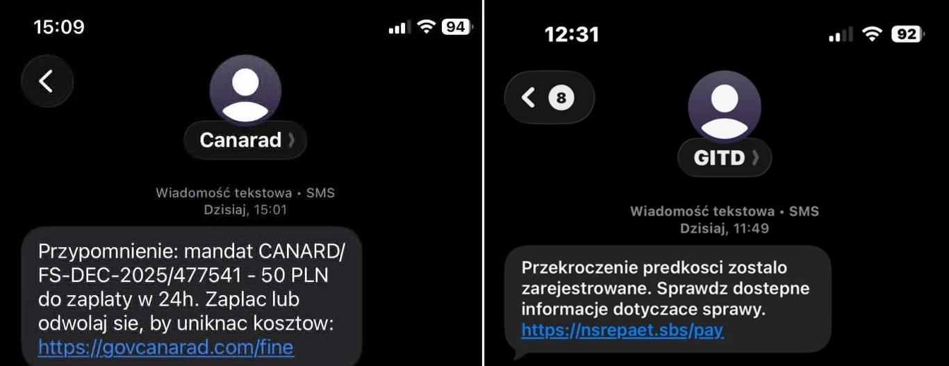 Przykład próby oszustwa. CANARD nie wysyła SMS-ów z linkiem do płatności online Dwa ekrany smartfona z fałszywymi wiadomościami SMS, w których nadawcy podszywają się pod instytucje państwowe i wysyłają linki prowadzące do rzekomej płatności mandatów.