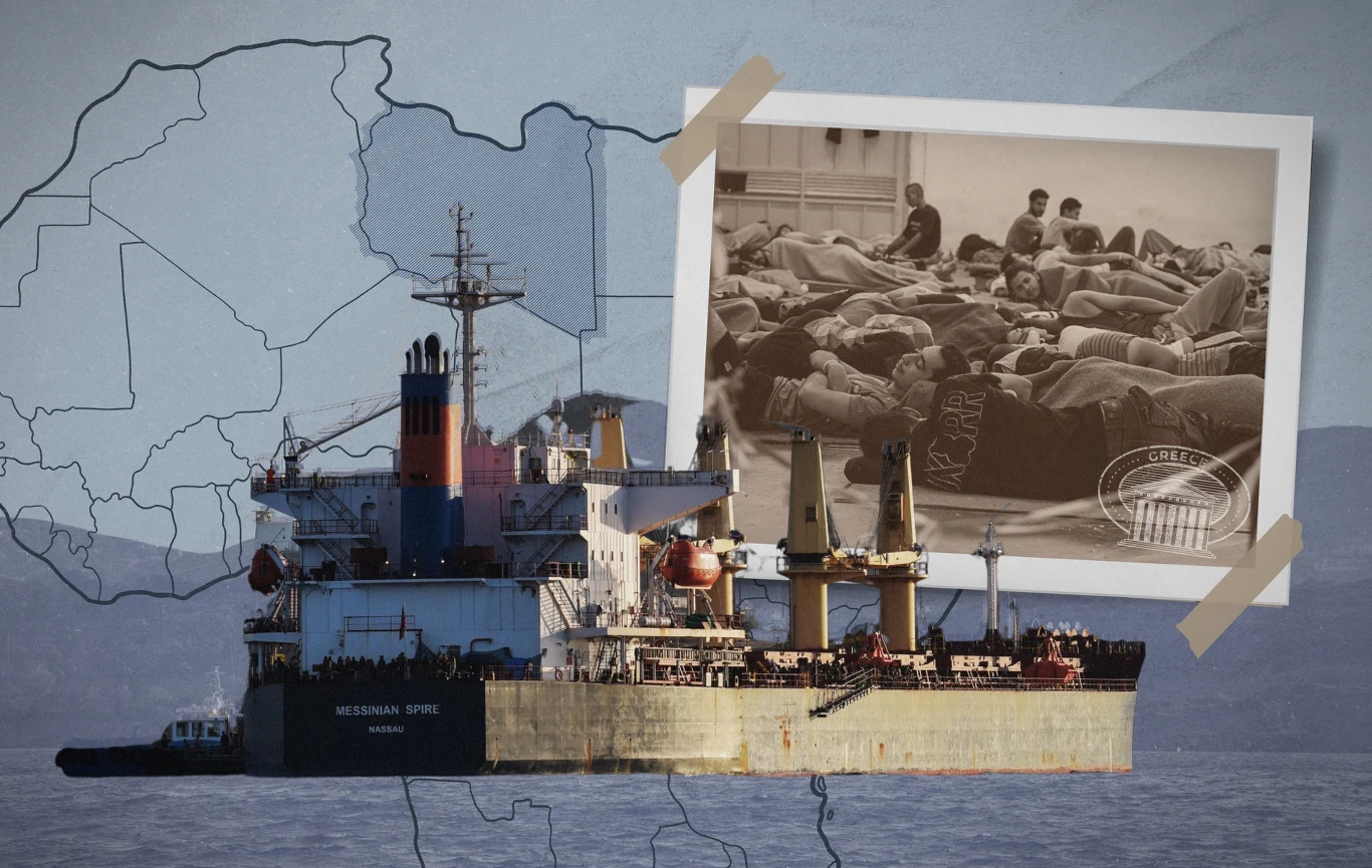 Unia Europejska współpracuje z Libijczykami w celu ograniczenia napływu migrantów Statek na morzu, mapa z zaznaczoną Libią i czarno-białym zdjęciem ludzi leżących na pokładzie statku.