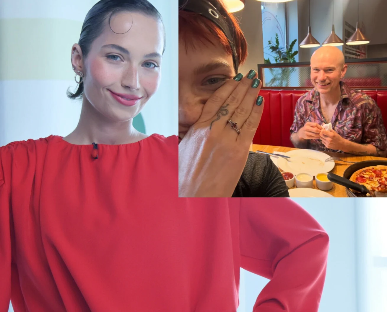 Uśmiechnięta kobieta w czerwonej sukni patrząca wprost do obiektywu, obok wstawka z dwójką osób przy stole w restauracji, jedna z nich zakrywa twarz dłonią, druga uśmiecha się, trzymając jedzenie.