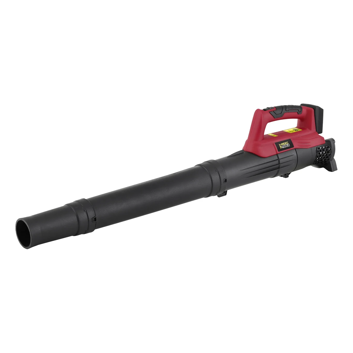 Akumulatorowa dmuchawa do liści Meec Tools za 99,99 zł Dmuchawa do liści w kolorze czarnym z czerwonym uchwytem i prostą, wydłużoną dyszą oraz ergonomiczną rączką ułatwiającą użytkowanie.