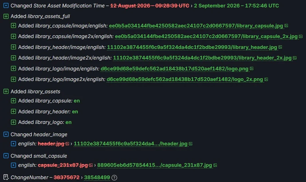 źródło: SteamDB Lista zmian plików i zasobów z zaznaczonymi datami, nazwami plików oraz odnośnikami do grafik, uporządkowana w formie logu zmian z wyróżnionymi różnymi kolorami tekstu.