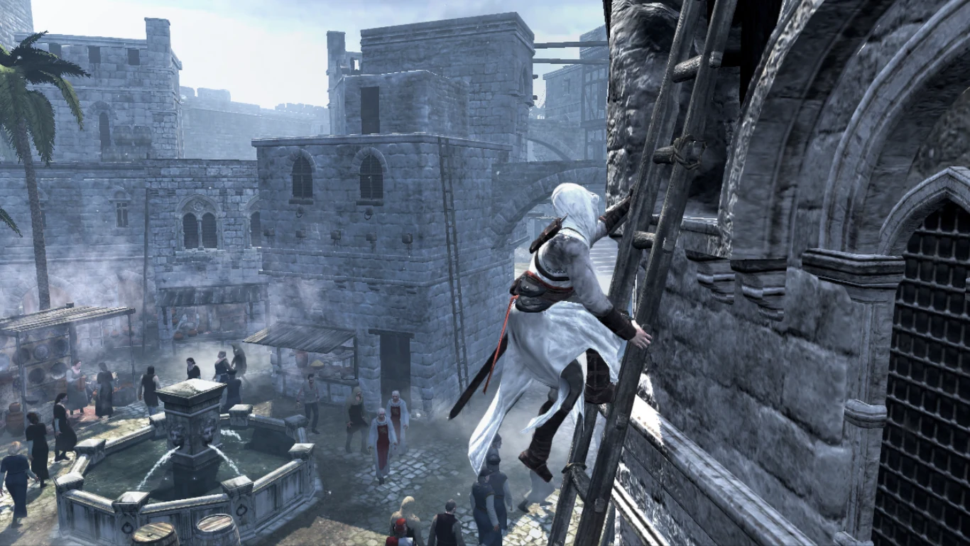 Assassin's Creed Postać w białych szatach wspina się po drabinie przy kamiennej wieży w średniowiecznym mieście z fontanną.
