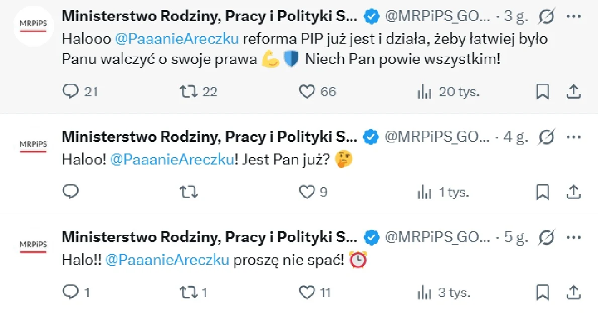 Trzy wpisy na portalu X opublikowane przez Ministerstwo Rodziny, Pracy i Polityki Społecznej, skierowane bezpośrednio do użytkownika @PaaaanieAreczzku, nawiązujące do reformy PIP oraz zawierające nieformalne, humorystyczne zwroty i emoji.