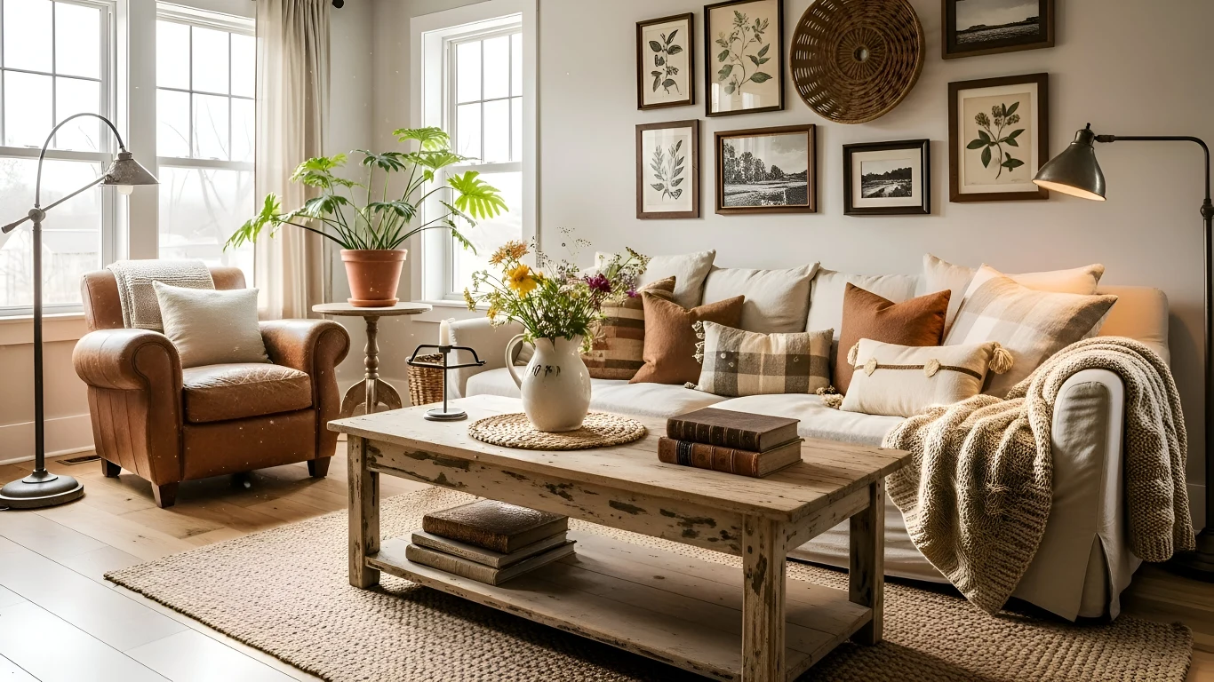 Dodatki w stylu Cottage Core idealnie wpiszą się w jesienny klimat Przytulny salon z jasną sofą ozdobioną poduszkami, drewnianym stolikiem z bukietem kwiatów i książkami oraz dużym fotelem ustawionym przy oknie, na ścianie galeria obrazów i dekoracji.