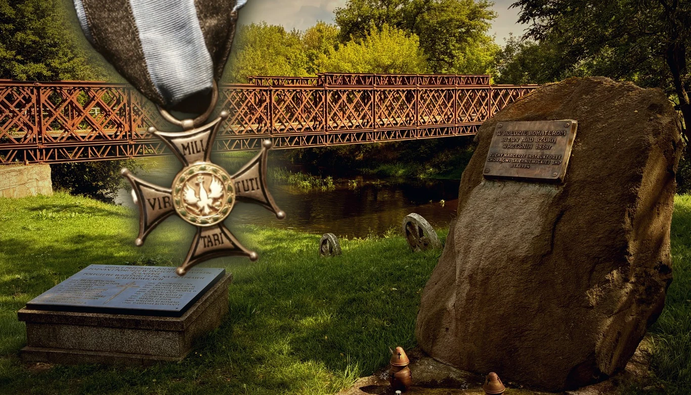 Witkowice i głaz z tablicą pamiątkową upamiętniający bohaterów bitwy nad Bzurą Miejsce bitwy nad Bzurą w Witkowicach oraz order Virtuti Militari