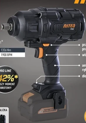 Akumulatorowy klucz udarowy Niteo Pro za 299 zł Akumulatorowy klucz udarowy Niteo Pro z ergonomicznym uchwytem, czarno-pomarańczową obudową i widocznymi oznaczeniami parametrów technicznych na tle promocyjnej grafiki.