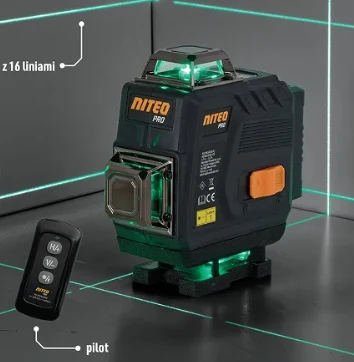 Za 199 zł jest laser 360° Laserowy poziomica Niteo Pro z wyświetlanymi zielonymi liniami, ustawiona na podstawce, obok niej znajduje się czarny pilot do zdalnego sterowania urządzeniem.