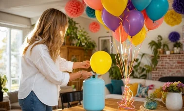 Kobieta napełnia żółty balon z błękitnej butli z helem, obok pęk kolorowych balonów na wstążkach 