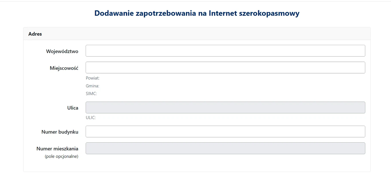 Formularz wprowadzania danych adresowych z polami do wpisania województwa, miejscowości, ulicy, numeru budynku oraz opcjonalnie numeru mieszkania w kontekście zapotrzebowania na Internet szerokopasmowy.
