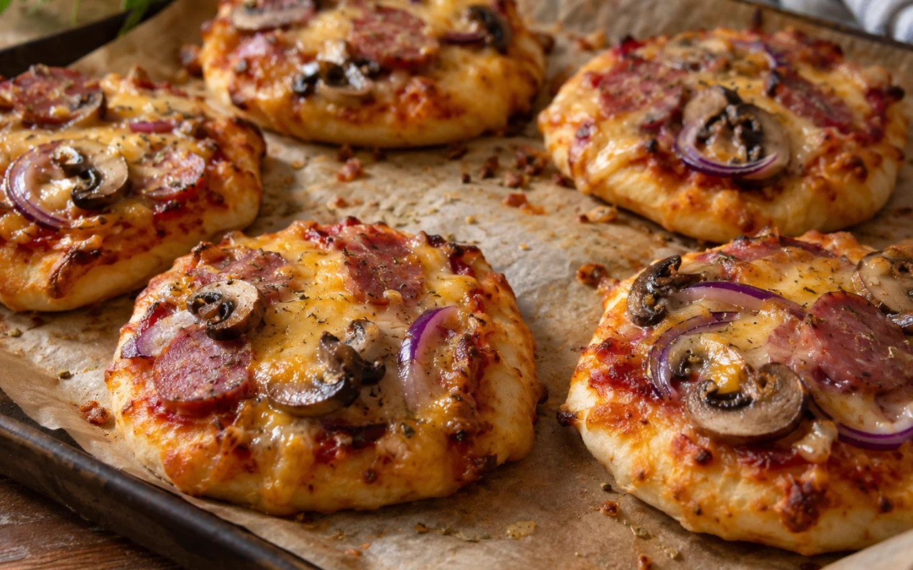Ekspresowe pizzerinki z paprykowego serka Pięć pizzerinek z salami, czerwoną cebulą, pieczarkami i roztopionym serem na papierze do pieczenia na blasze.