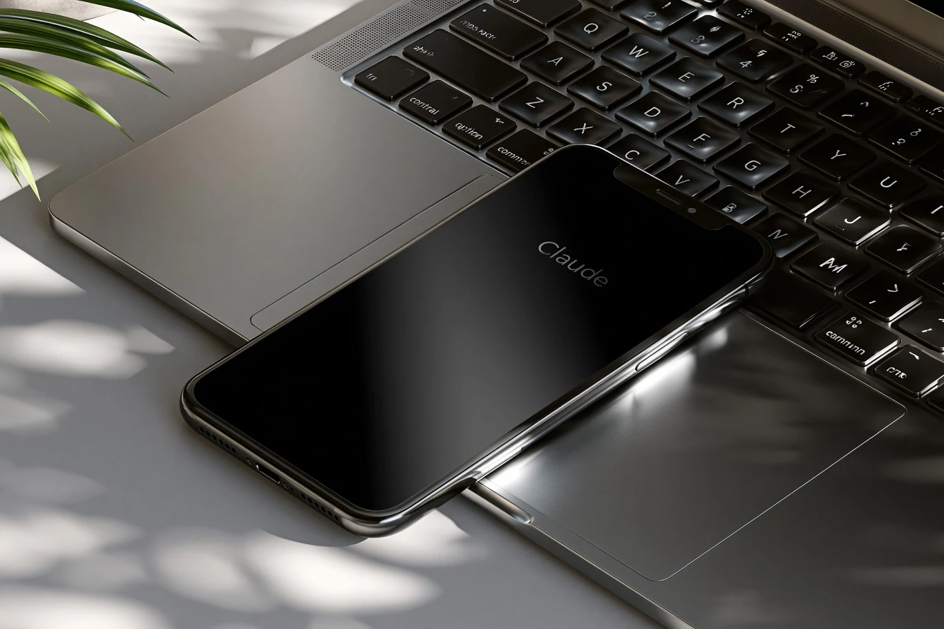 Irańczycy używali Claude'a do ataków na okręty USA, Rosjanie do budowy roju dronów Czarny smartfon z napisem Claude na ekranie leży na klawiaturze laptopa, obok fragment rośliny.