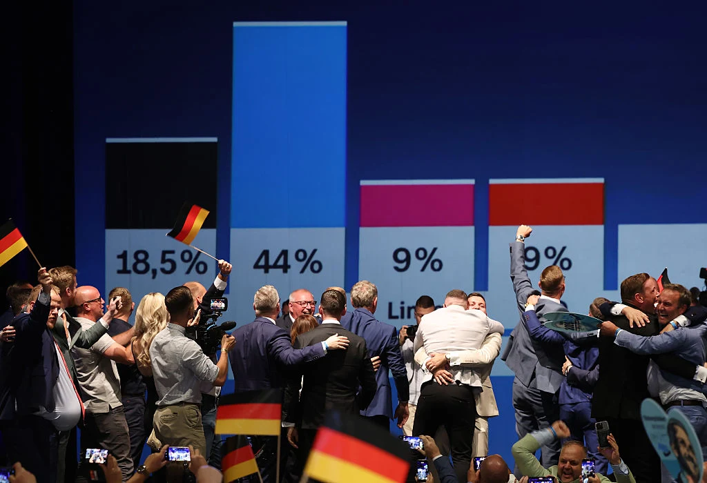 AfD zwyciężyło wybory w Saksonii-Anhalt Politycy AfD na tle wyników wyborów w Saksonii-Anhalcie, w tle widoczne flagi Niemiec.