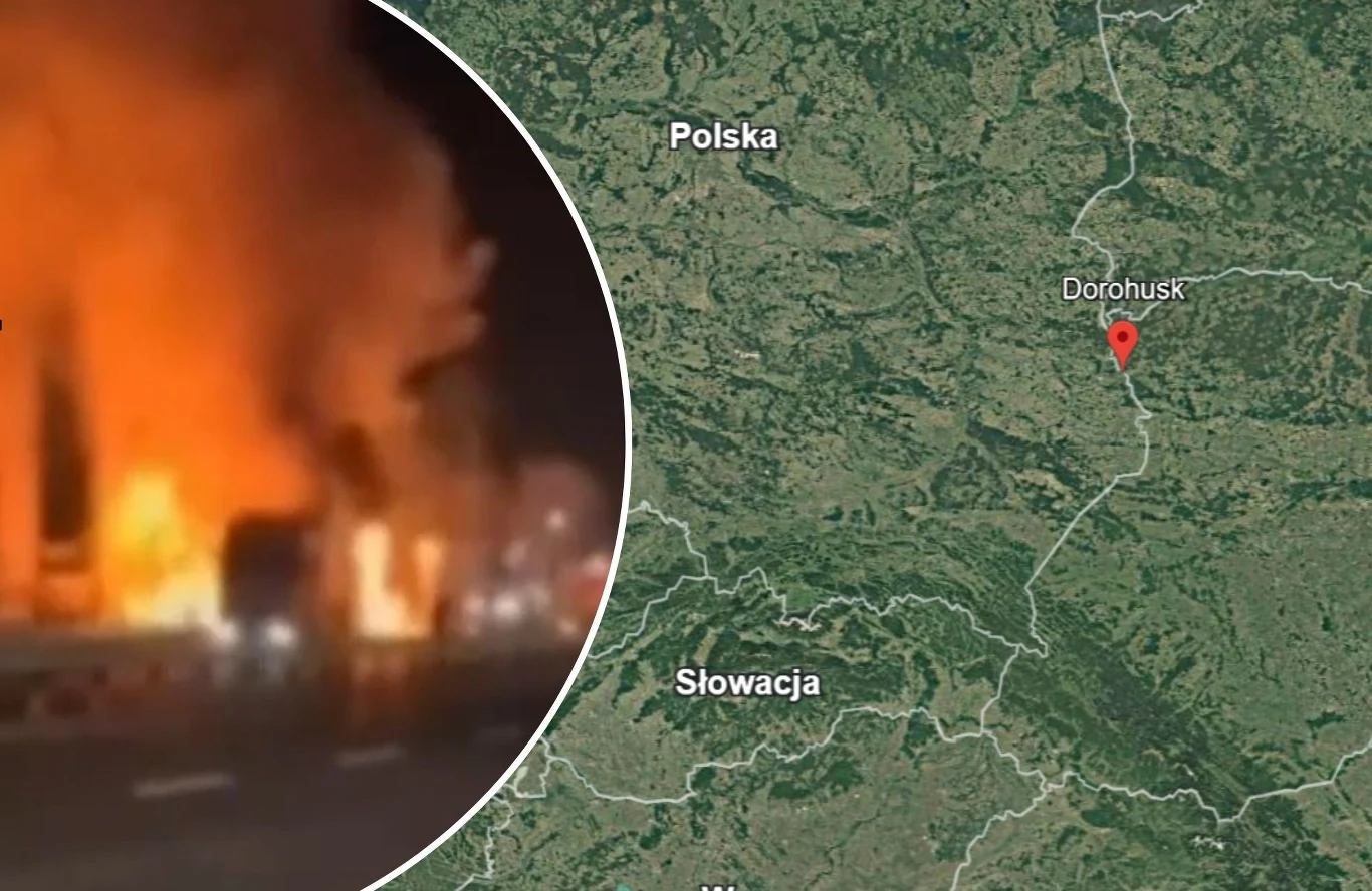 W pobliżu granicy z Polską spadł dron Pożar w Ukrainie w pobliżu granicy z Polską, obok mapa z widocznym przejściem granicznym w Dorohusku