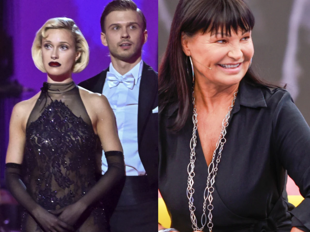 Helena Englert, Roman Osadchiy, Iwona Pavlović Helena Englert i Roman Osadchiy w strojach tanecznych obok jurorki Iwony Pavlović w programie "Taniec z gwiazdami".