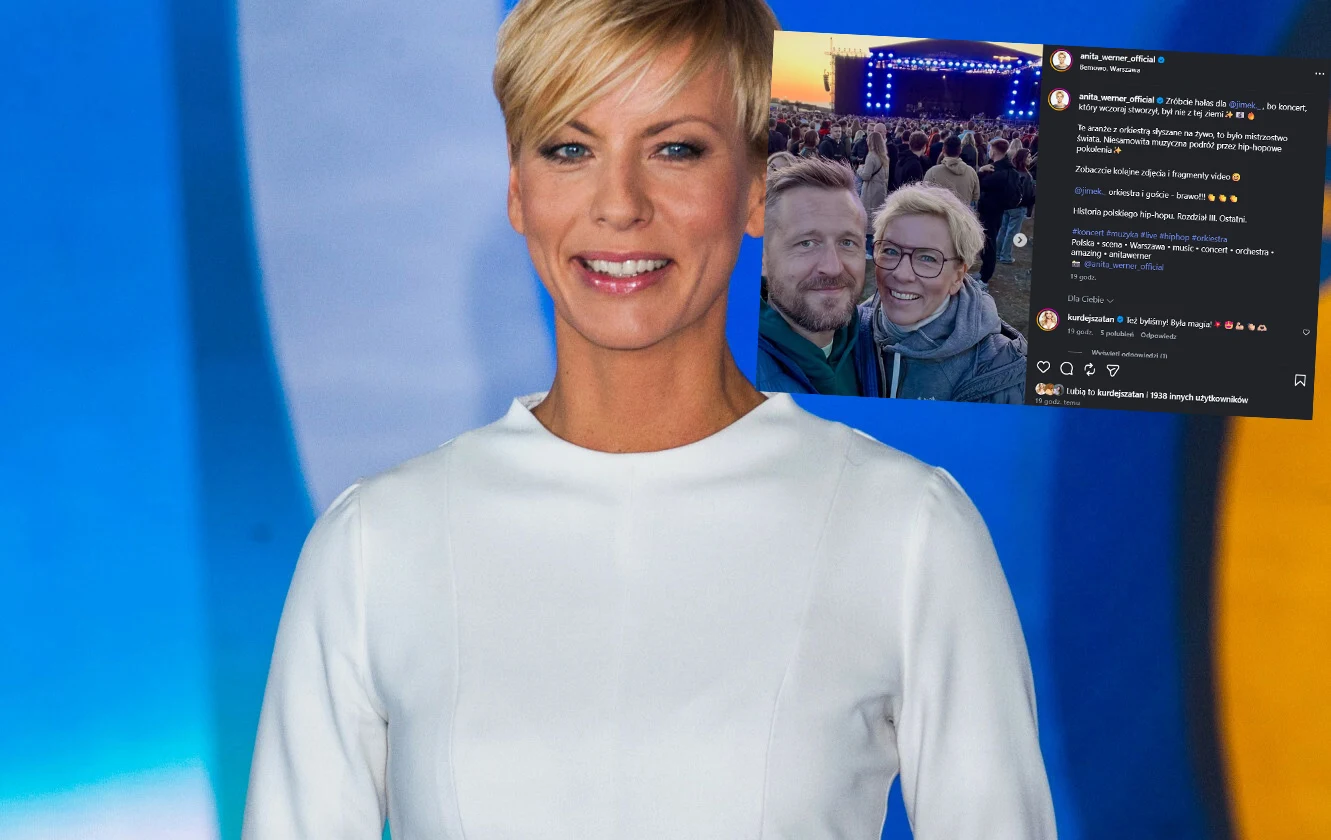Anita Werner zaskoczyła widzów TVN. Aż Kurdej-Szatan zareagowała /https://www.instagram.com/anita_werner_official/ Uśmiechnięta kobieta z krótkimi blond włosami pozuje w białej bluzce na tle niebiesko-żółtych pasów, w górnej części zdjęcia widoczne jest wstawione zdjęcie pary na tle dużej sceny koncertowej i zgromadzonego tłumu.