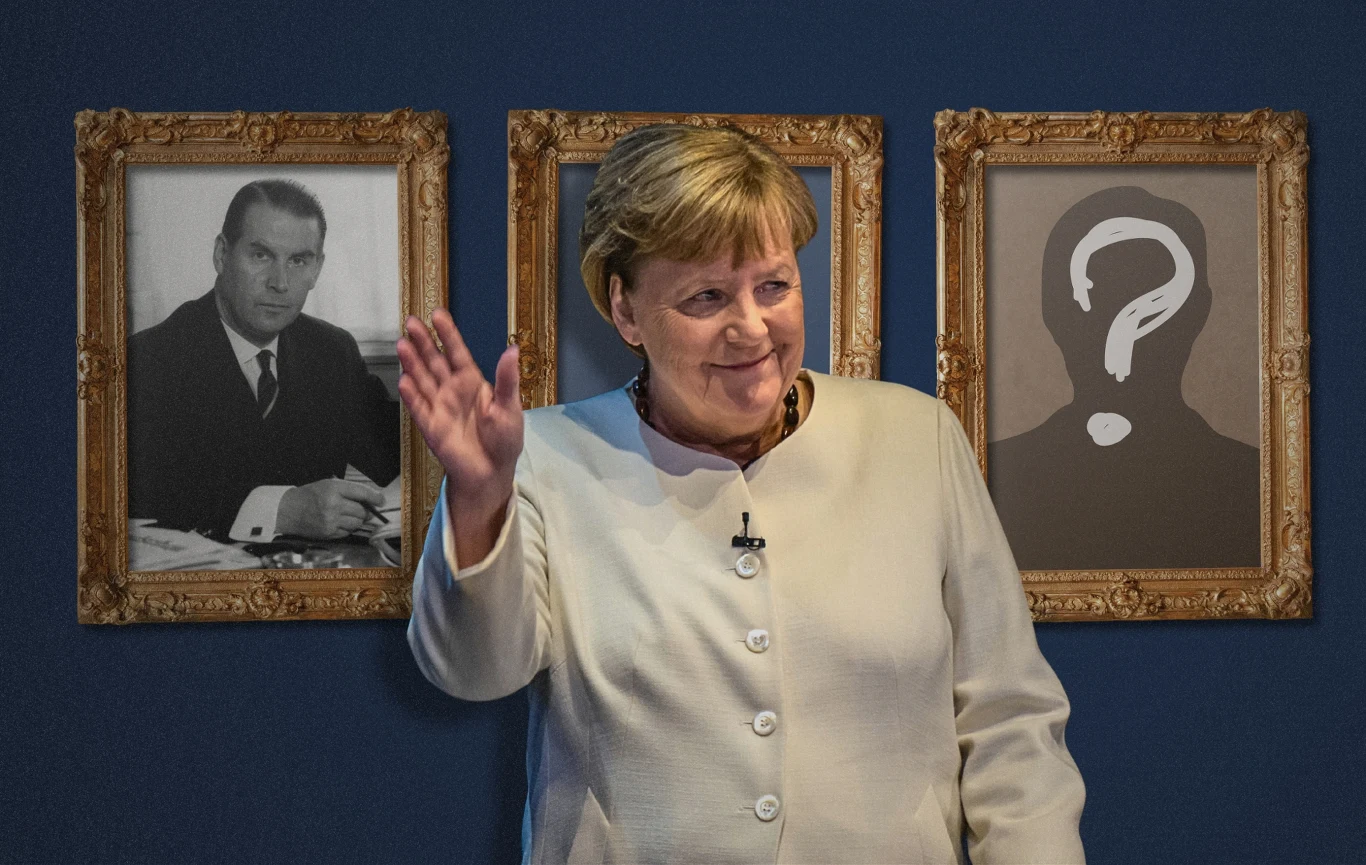 Angela Merkel zerwała ze spuścizną Kondrada Adenaura czy ją kontynuowała? Angela Merkel w jasnym żakiecie na tle granatowej ściany z dwoma portretami, w tym jeden z dużym znakiem zapytania.