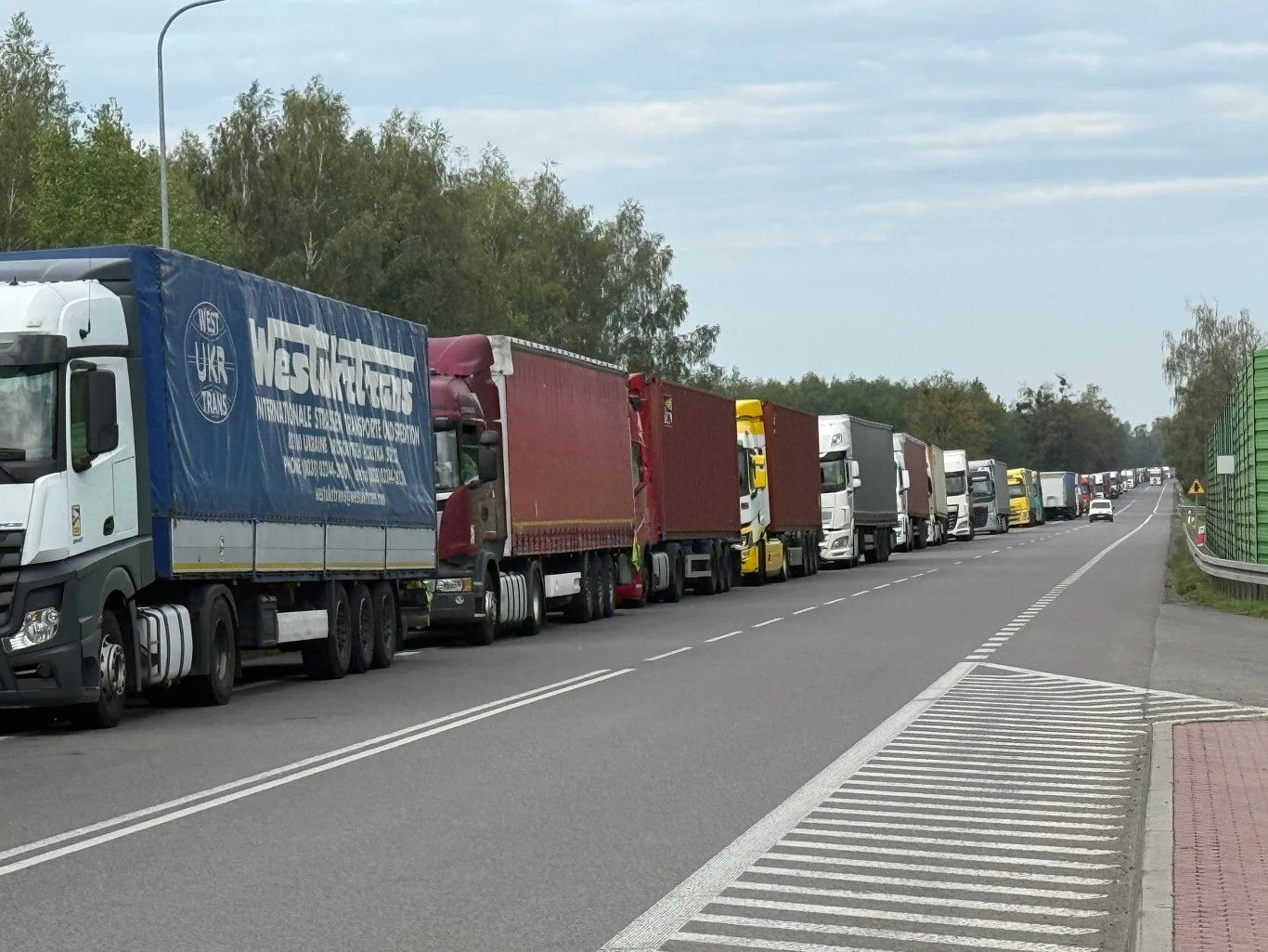 Kilkanaście ciężarówek ustawionych w długiej kolejce na poboczu drogi, obok pas zieleni oddzielający jezdnię od chodnika.
