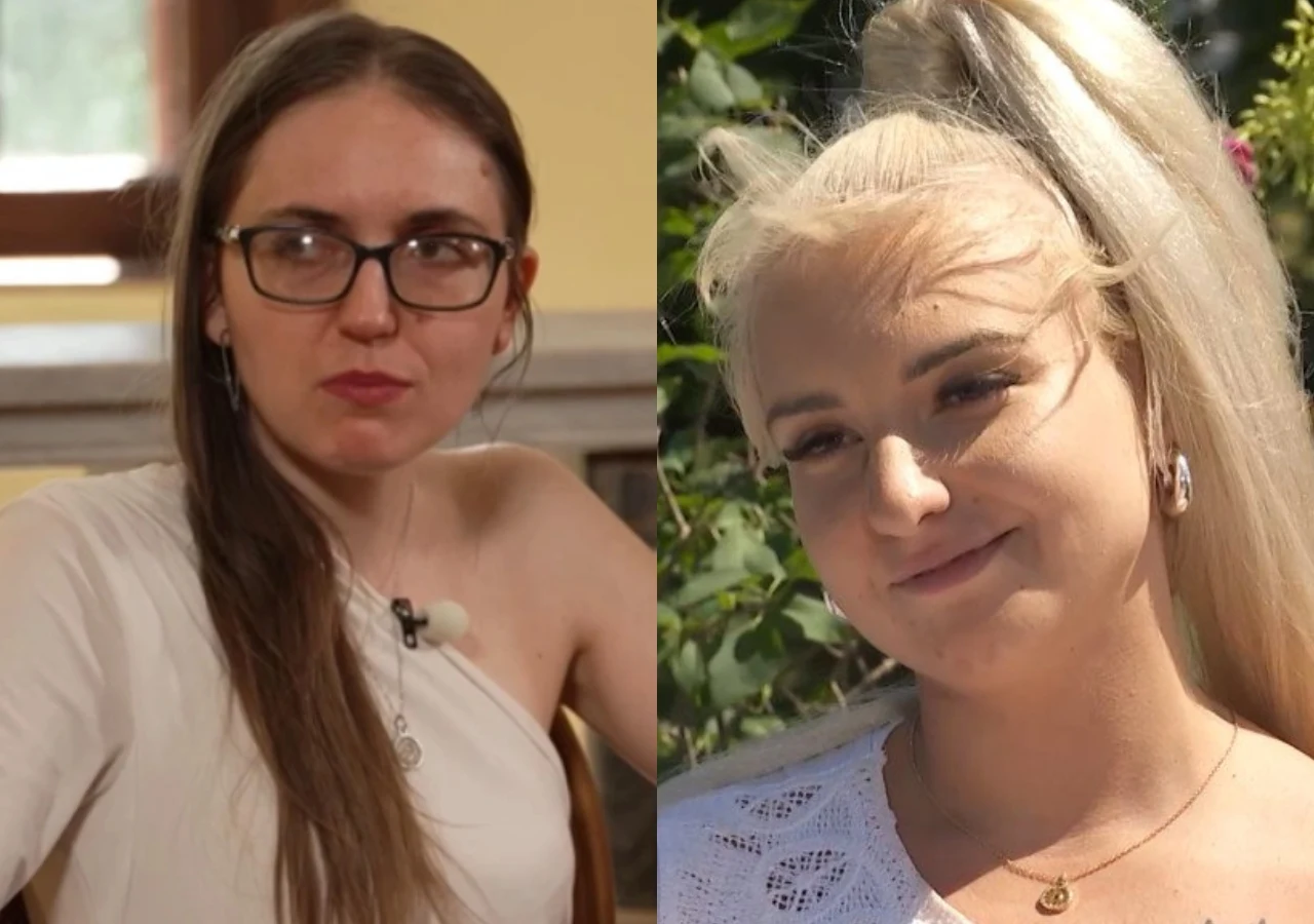 Zuzanna - kandydatka Wiktoria, i Wiktoria - kandydatka Łukasza w "Rolnik szuka żony" Dwie młode kobiety, jedna z długimi ciemnymi włosami i okularami, ubrana w jasną bluzkę, druga z bardzo jasnymi włosami spiętymi w kucyk, uśmiechnięta, w białej koronkowej bluzce, obie sfotografowane w różnych miejscach.