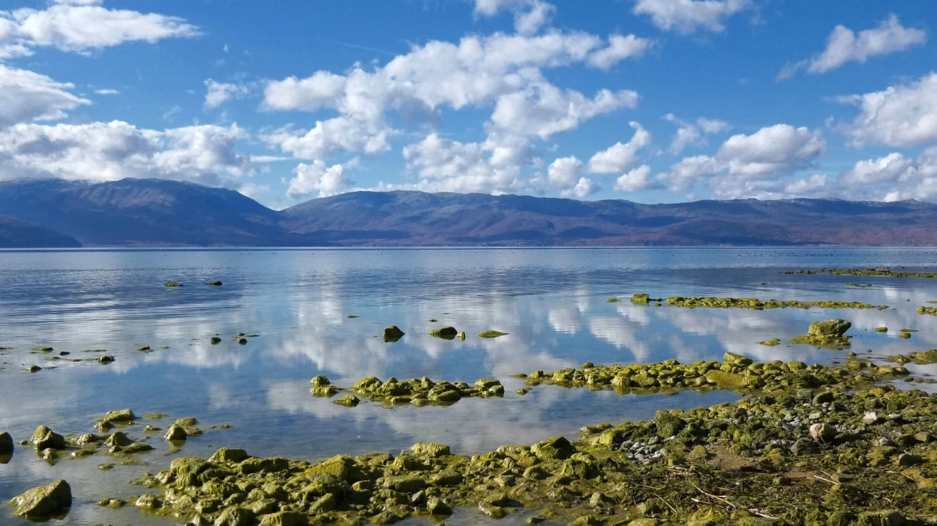 To jezioro oczarowuje przyrodą i krajobrazami Jasna tafla jeziora Prespa odbijająca chmury, skaliste wybrzeże i pasmo górskie w tle.