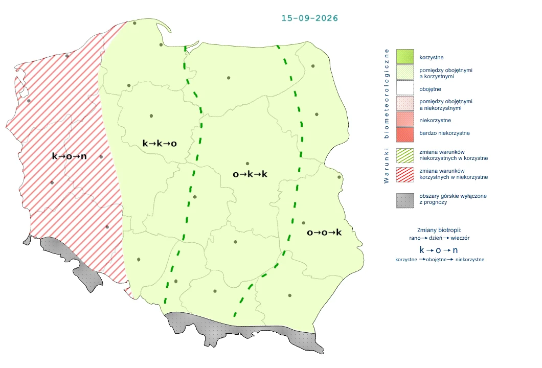 Warunki będą się różnić w zależności od regionu. Najlepsze niekoniecznie będą tam, gdzie będzie najcieplej Mapa Polski przedstawiająca prognozę warunków biometrycznych na 15 września 2026 roku z podziałem na obszary korzystne, obojętne oraz niekorzystne, oznaczone kolorem zielonym i szarym oraz czerwonymi liniami przekątnymi po lewej stronie, z legendą wyja...