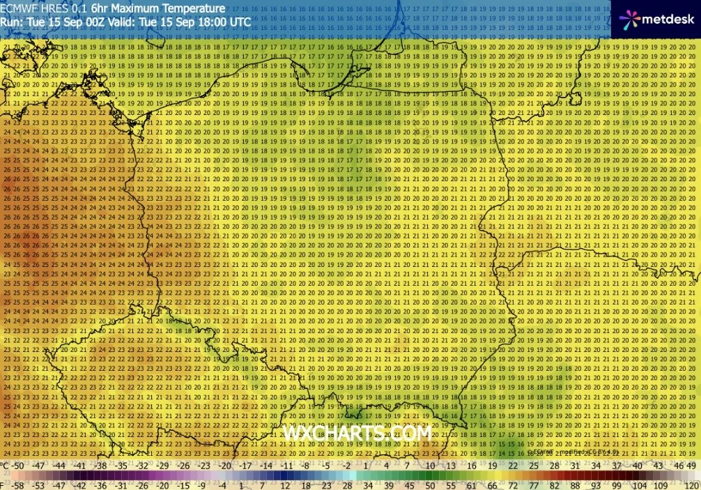 Mapa Polski i okolicznych krajów z naniesionymi prognozowanymi maksymalnymi temperaturami powietrza na 15 września, przedstawiona w gradientach kolorystycznych – od chłodnego błękitu na północy po cieplejsze żółcie, pomarańcze i czerwienie na zachodzie...